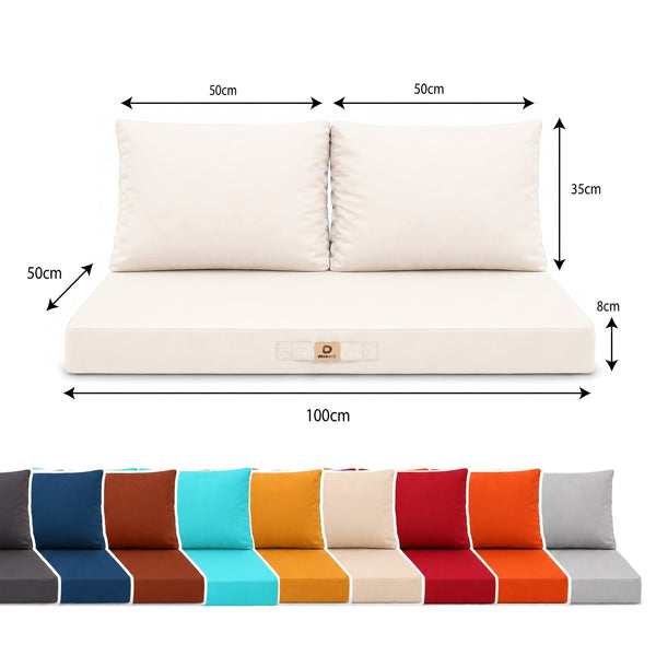 Medidas: asiento 100 x 50 cm, grosor de 8 cm, 2 respaldos 50 x 35 cm, con los colores disponibles