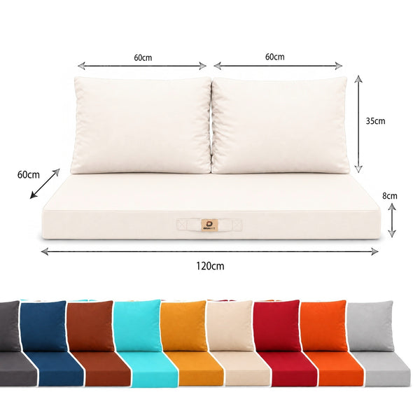 Medidas: asiento 120 x 60 cm, grosor de 8 cm, 2 respaldos 60 x 35 cm, con los colores disponibles