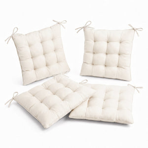 Lot de 4 Galettes de Chaise 40x40 Blanc Cassé - Intérieur & Extérieur (Déperlant avec Attaches)