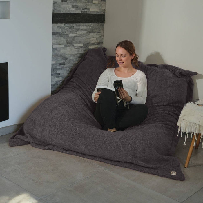Pouf Géant XXL 190x155 Gris Argent - Sherpa & Mousse (Canapé de Sol 2 Places)
