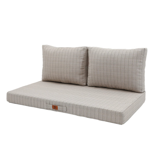 Coussin beige chiné noir 100x50 cm en situation extérieure