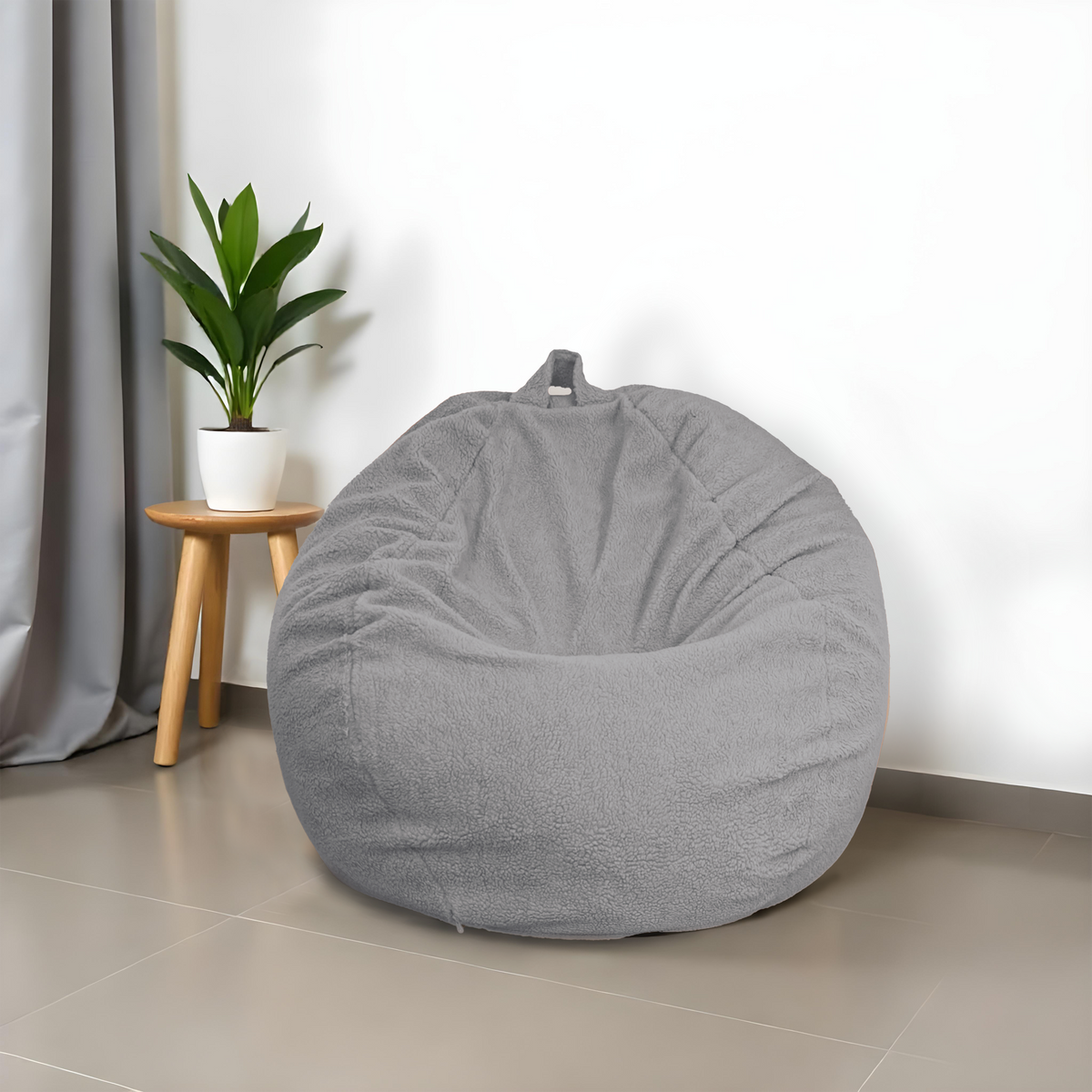 Pouf poire XL d'intérieur en tissu sherpa – 110x120 cm – Gris clair