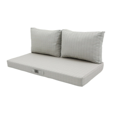 Coussin beige chiné turquoise 100x50 cm en situation extérieure