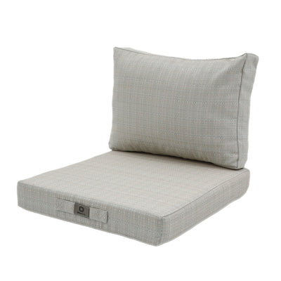 Ensemble de coussins de salon de jardin beige chiné turquoise pour fauteuils et canapés, assise et dossier, 60x60 cm.