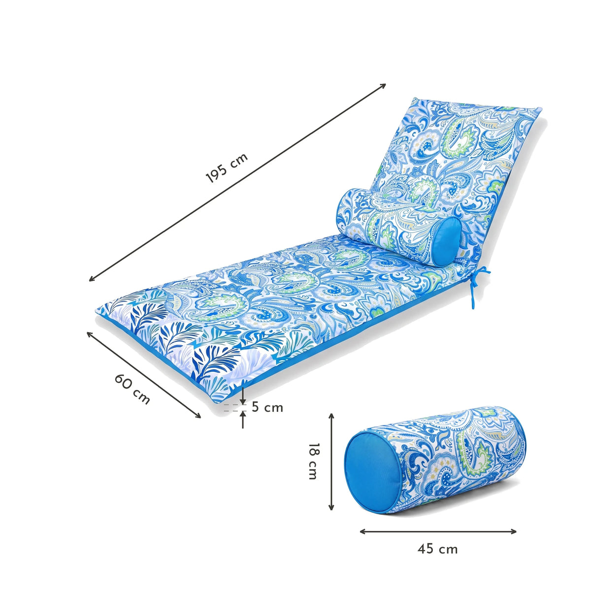 Colchoneta para Tumbona 195x60 Motivo Arabesco + Travesaño - Anti-UV & Hidrófugo – esquema con medidas