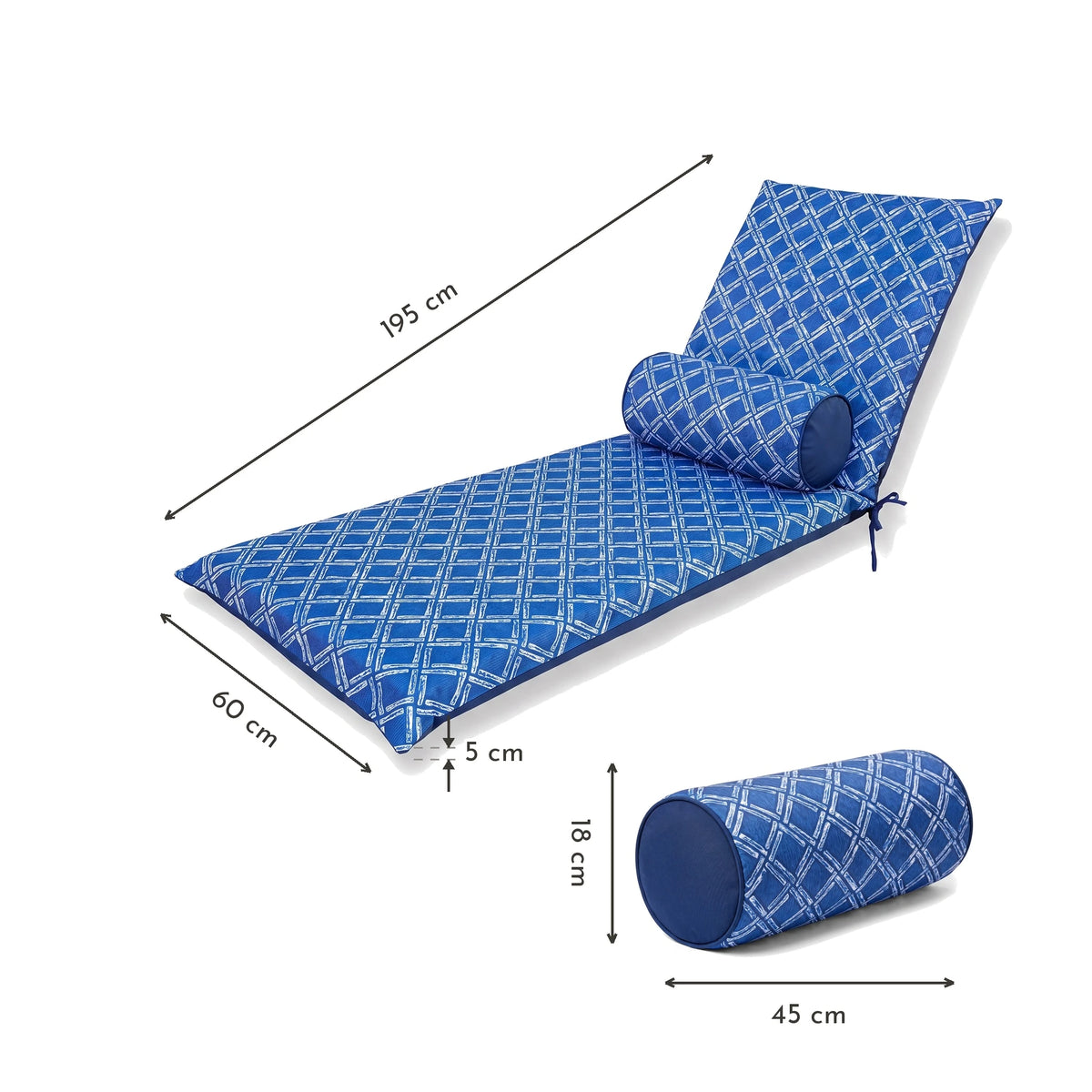 Colchoneta para Tumbona 195x60 Motif Nautique Azul + Travesaño - Anti-UV & Hidrófugo – esquema con medidas
