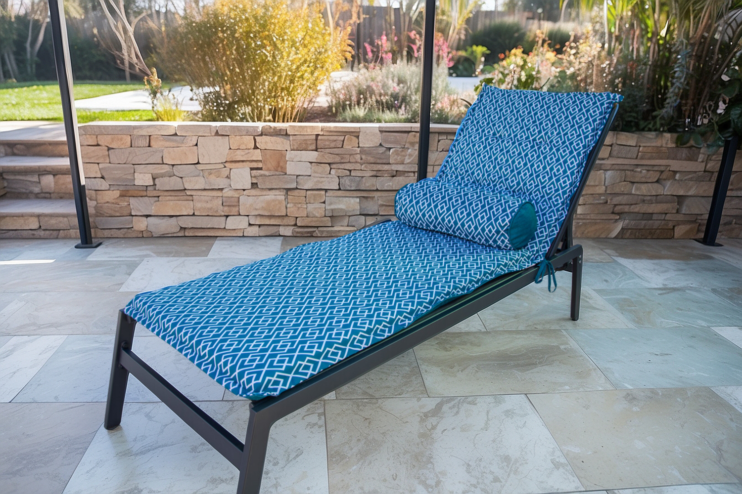 LOT de 2 Coussins  pour Chaise Longue & Transat 195/60cm + 2 Traversin - AntiUV et Imperméable - Motif Géométrique Vert Turquoise - Deco-arts.fr