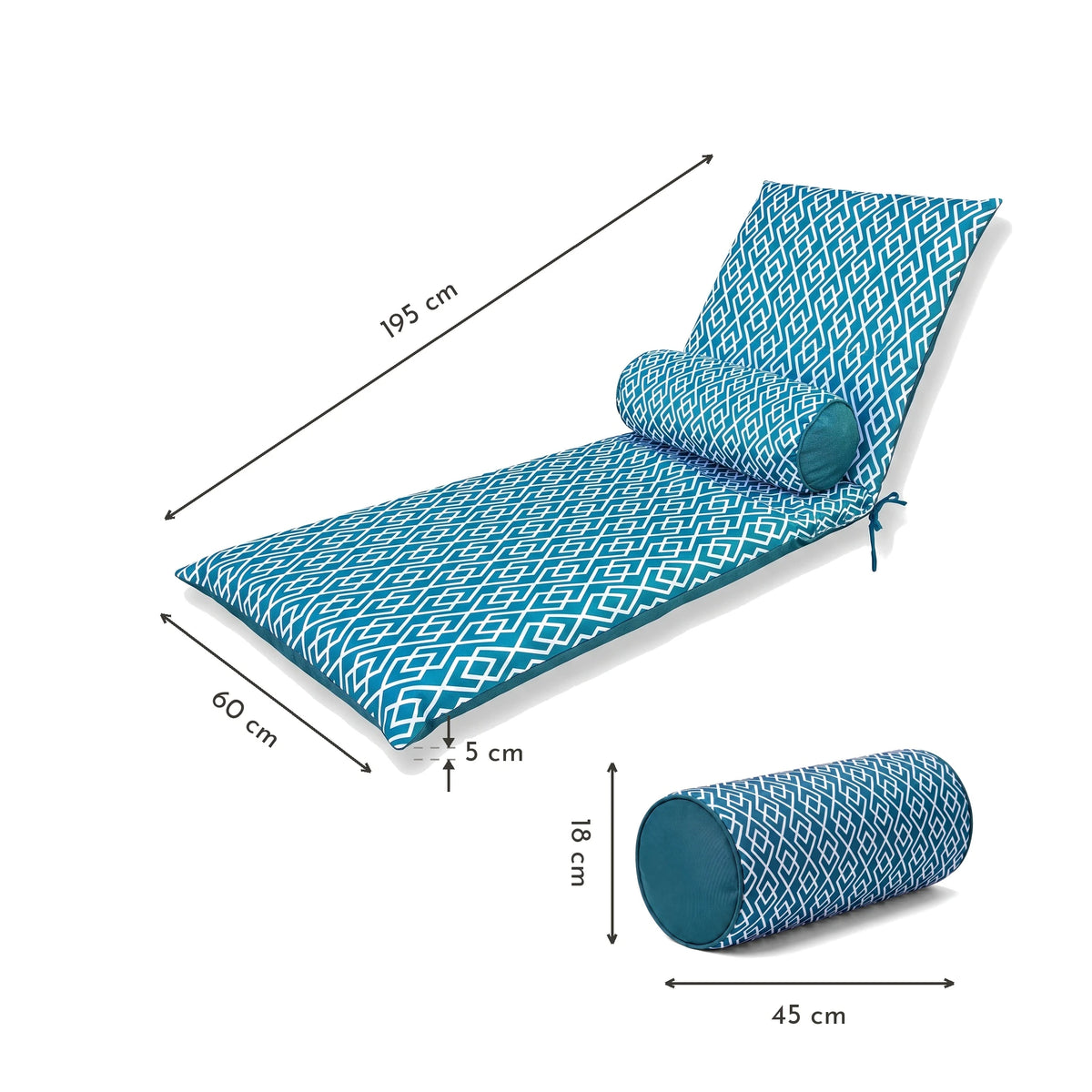 Colchoneta para Tumbona 195x60 Motif Géométrique Verde + Travesaño - Anti-UV & Hidrófugo – esquema con medidas
