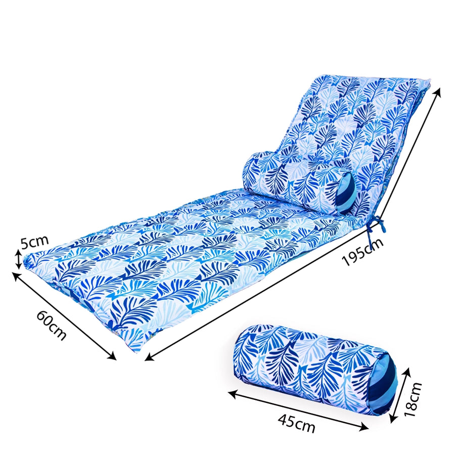 Colchoneta para Tumbona 195x60 Motivo Follaje Azul + Travesaño, certificado OEKO-TEX