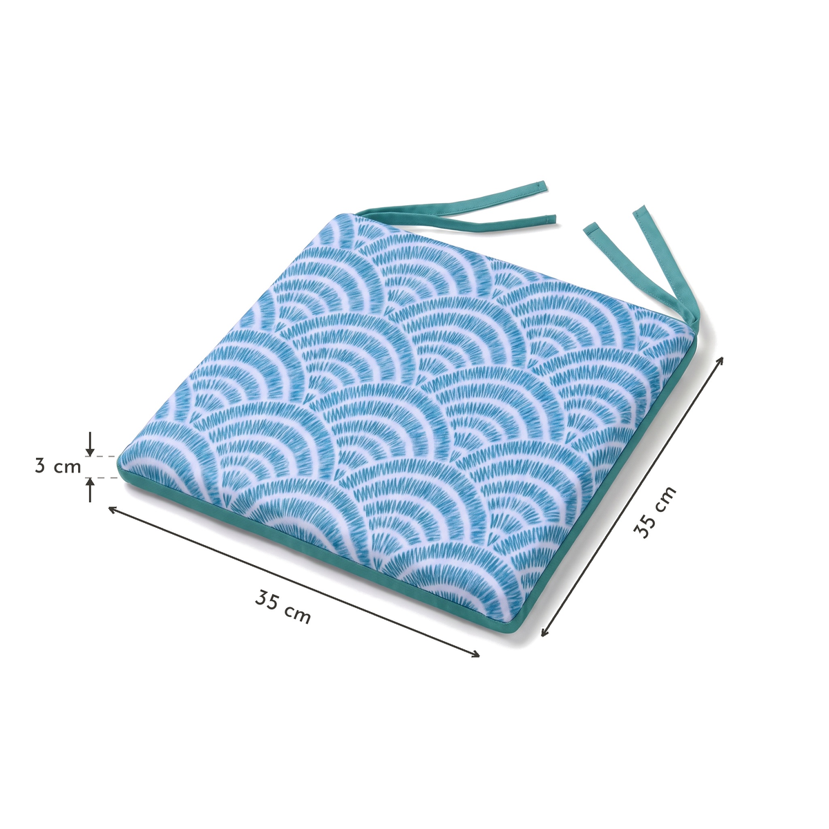 Lote de 4 Cojines para Silla 35x35 Motif Éventails Verdes - Confort & Déco (Avec Attaches) – esquema con medidas
