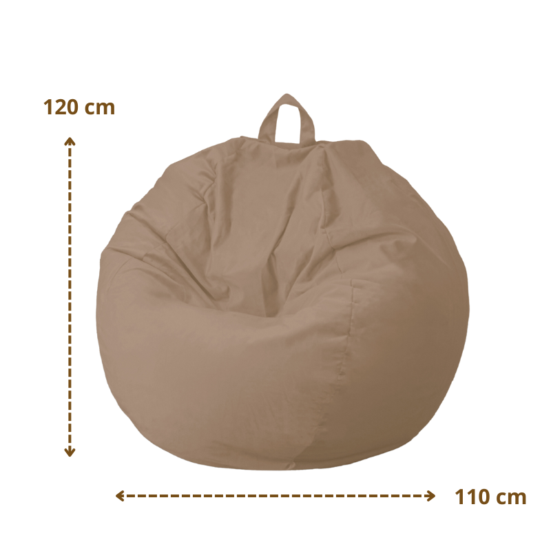 Pouf poire XL d'intérieur en tissu velours - 110x120 cm - Beige – esquema con medidas
