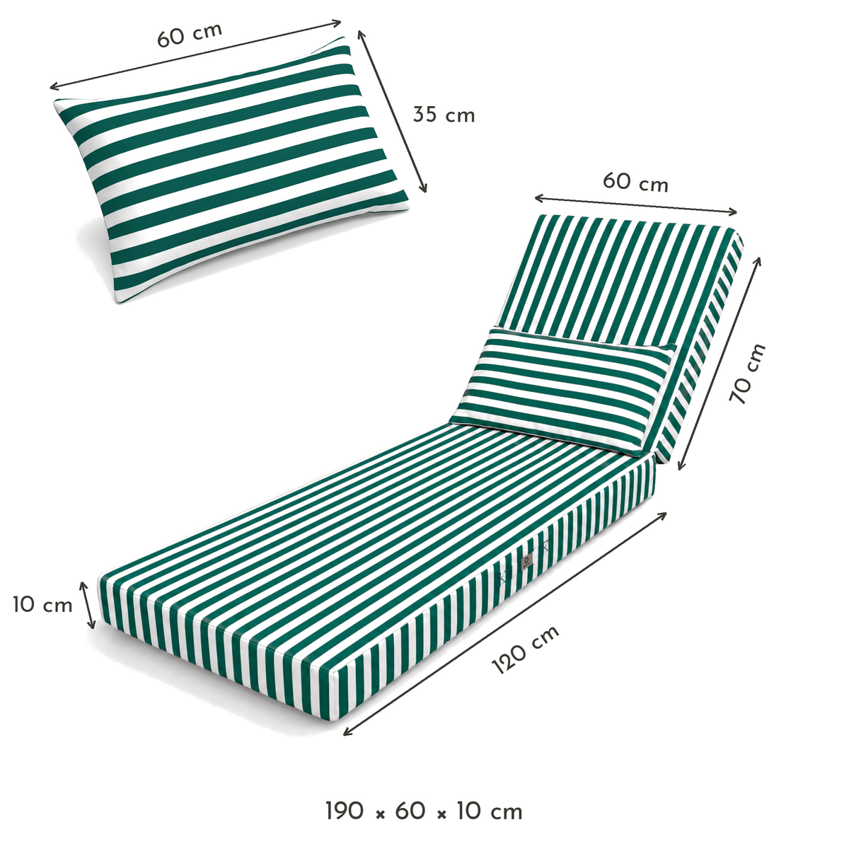 Colchoneta Premium para Tumbona 190x60 Rayas Verdee - Grueso 10cm & Reposacabezas (Con Funda Extraíble) – esquema con medidas