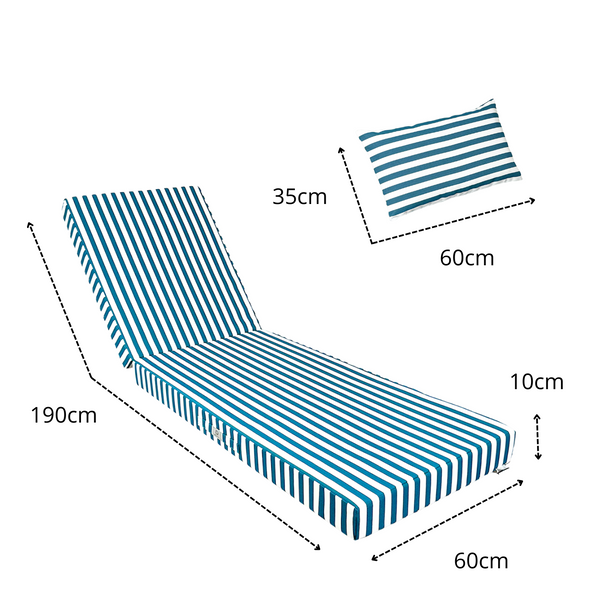 Matelas transat Premium 190x60 cm à rayures vertes, épais 10 cm avec têtière, déhoussable, pour bains de soleil.