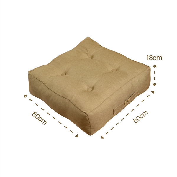 Deux coussins de sol effet lin beige, épais 18cm, pour intérieur, design haut de gamme, dimensions 50x50 cm, Deco-arts.fr