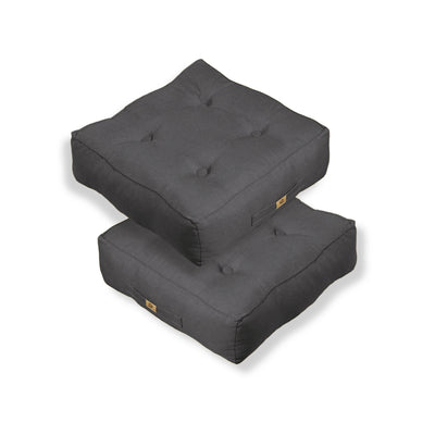 Deux coussins de sol gris chiné en lin de 40x40 cm, épais 12 cm, pour décoration et confort intérieur.