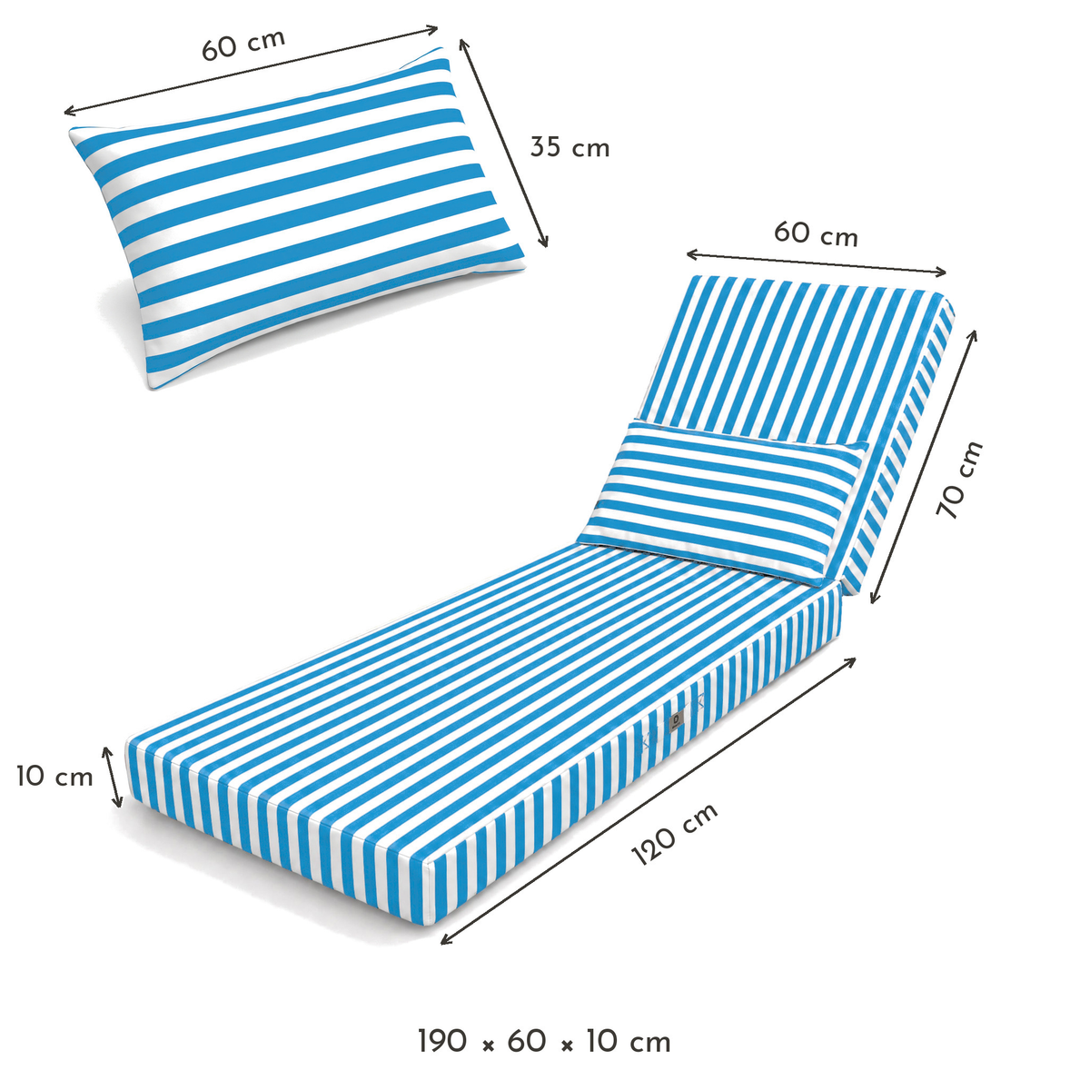Colchoneta Premium para Tumbona 190x60 Rayas Turquesa - Grueso 10cm & Reposacabezas (Con Funda Extraíble) – esquema con medidas