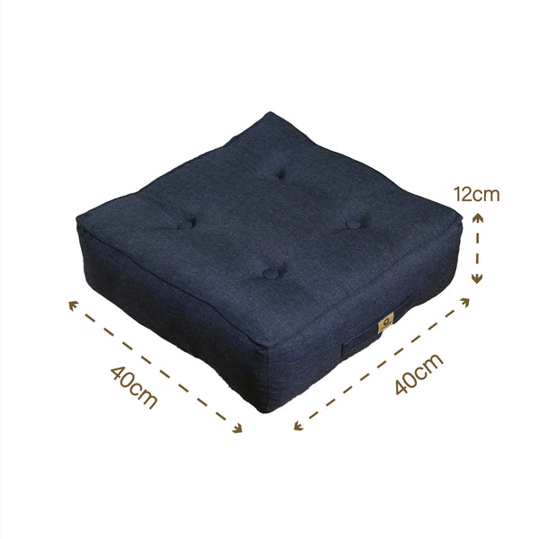Deux coussins de sol en lin bleu, poufs intérieur épais 12cm, pour décoration et confort, dimensions 40x40 cm.