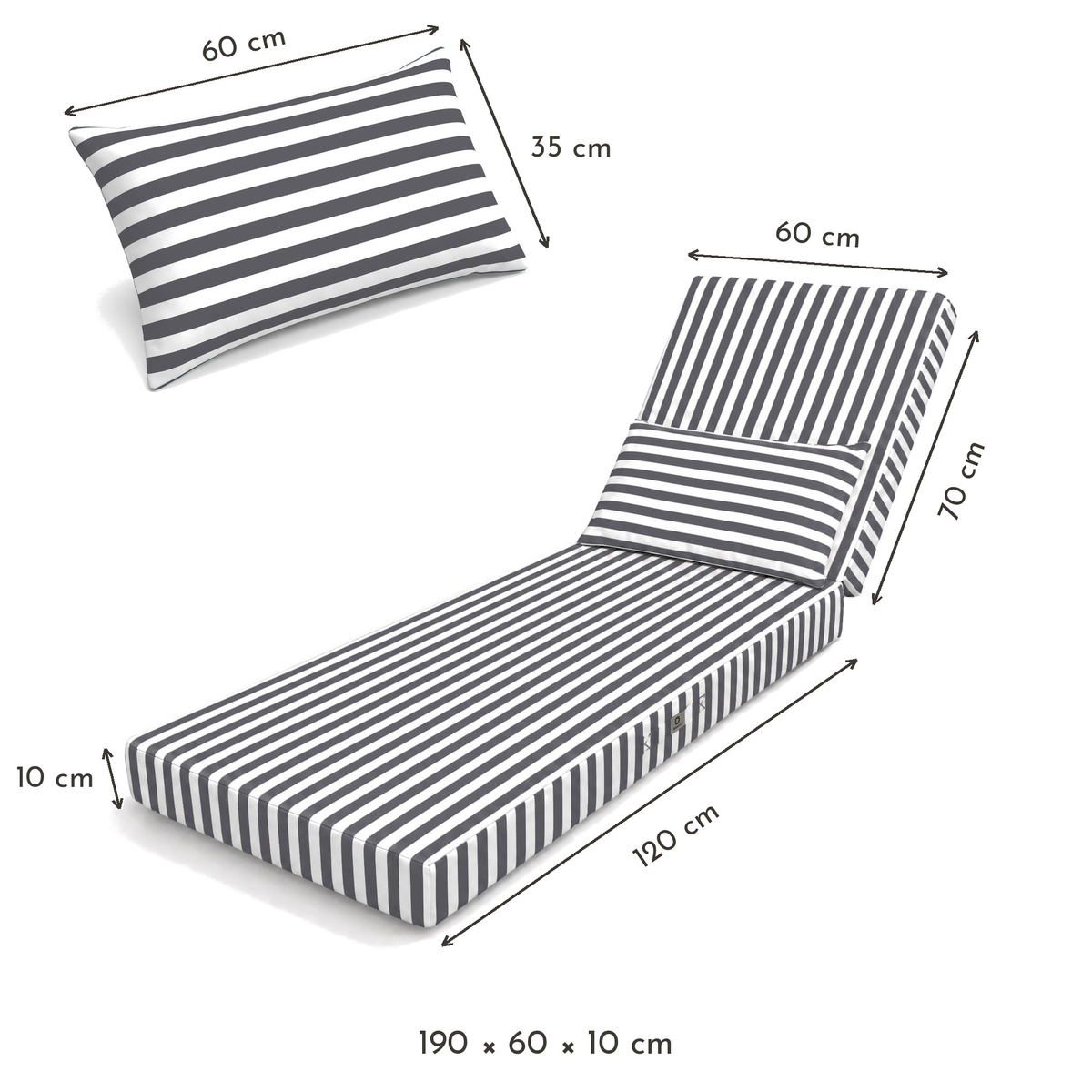 Colchoneta Premium para Tumbona 190x60 Rayas Gris Oscuro - Grueso 10cm & Reposacabezas (Con Funda Extraíble) – esquema con medidas