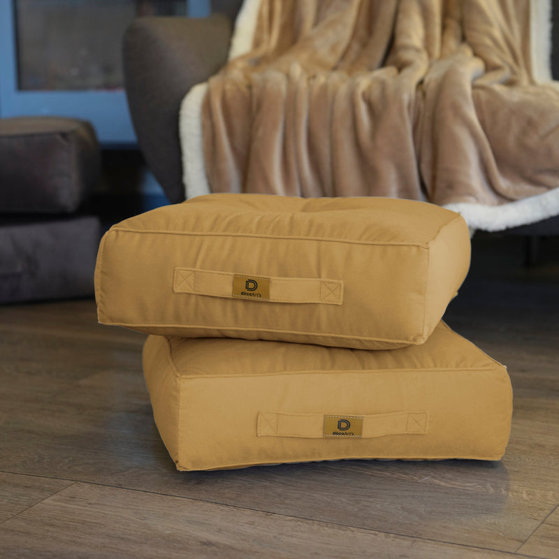 Lote de 2 Pufs de Terciopelo 40x40 Beige - Grueso 14cm (Cojín de Suelo de Interior)