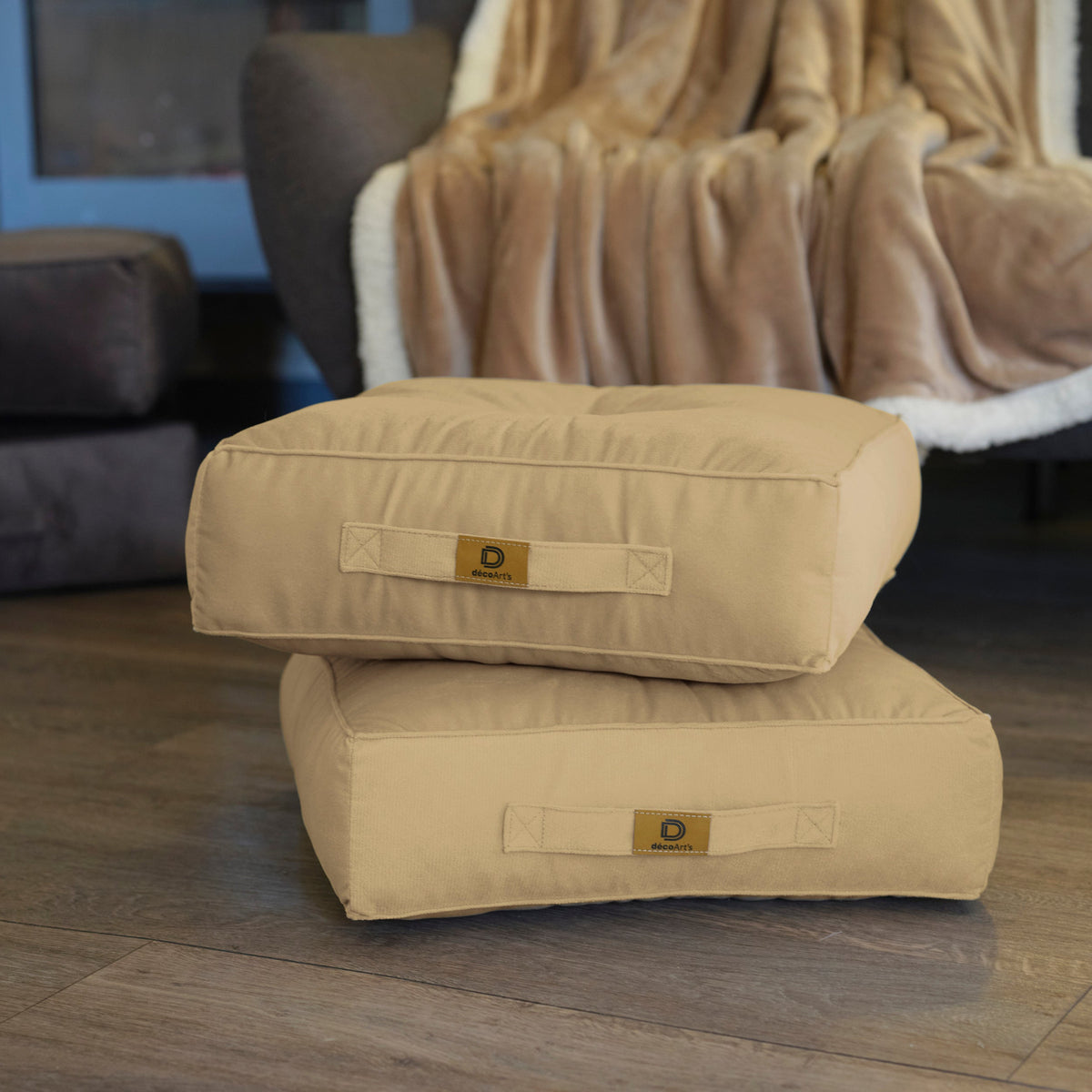 Lote de 2 Pufs de Terciopelo 40x40 Crema – Grueso 14cm (Cojín de Suelo de Interior)