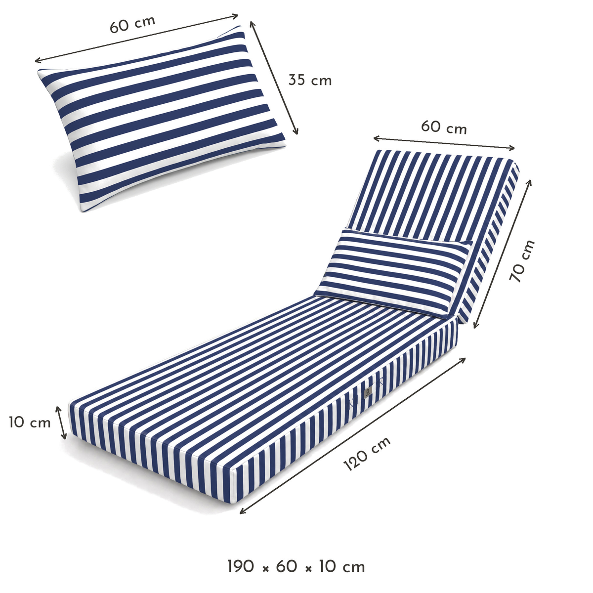 Colchoneta Premium para Tumbona 190x60 Rayas Azul Marino - Grueso 10cm & Reposacabezas (Con Funda Extraíble) – esquema con medidas