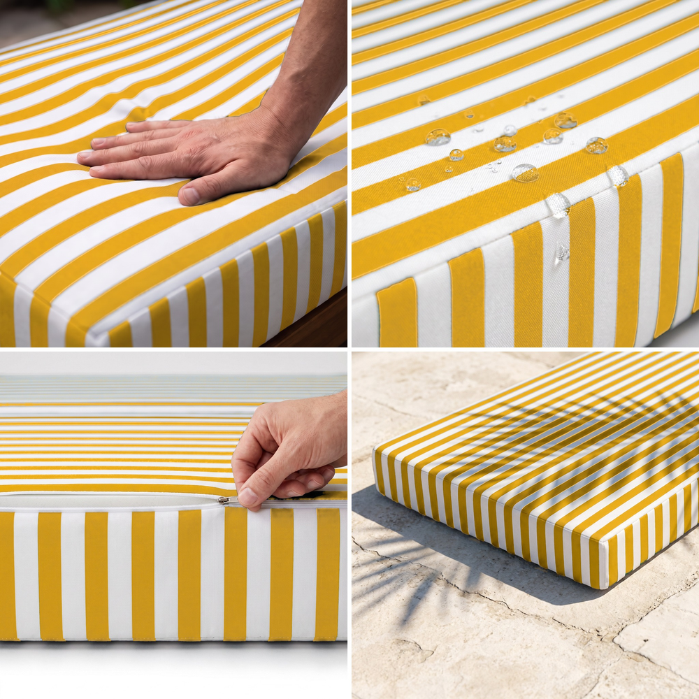 Colchoneta para tumbona, rayas amarillas: espuma de alta densidad mullida, tejido hidrófugo, funda desenfundable, resistente a los UV