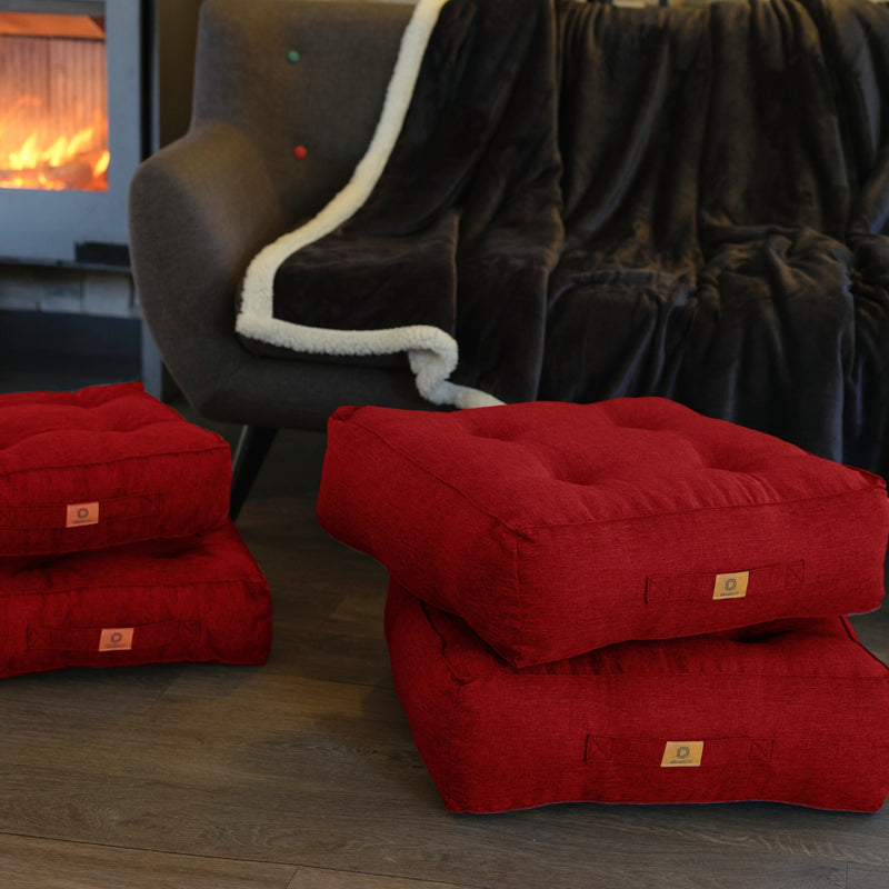 Lote de 2 Cojines de Suelo Efecto Lino 50x50 Rojo - Grueso 18cm (Alta Gama)