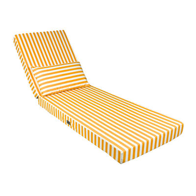 Matelas transat premium 190x60 cm rayures jaunes, épais 10 cm avec têtière, déhoussable pour bains de soleil.