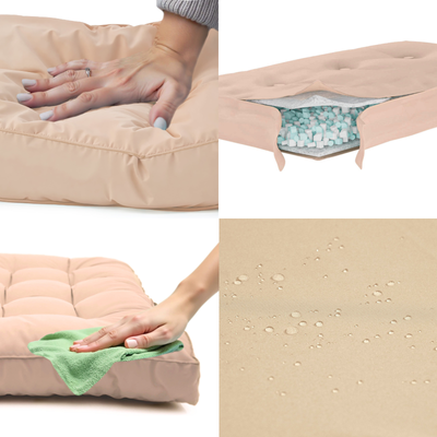 Ensemble de 3 coussins capitonnés beige pour banquette, épais 15cm, avec 1 coussin d'assise et 2 dossiers, pour fauteuils et canapés.