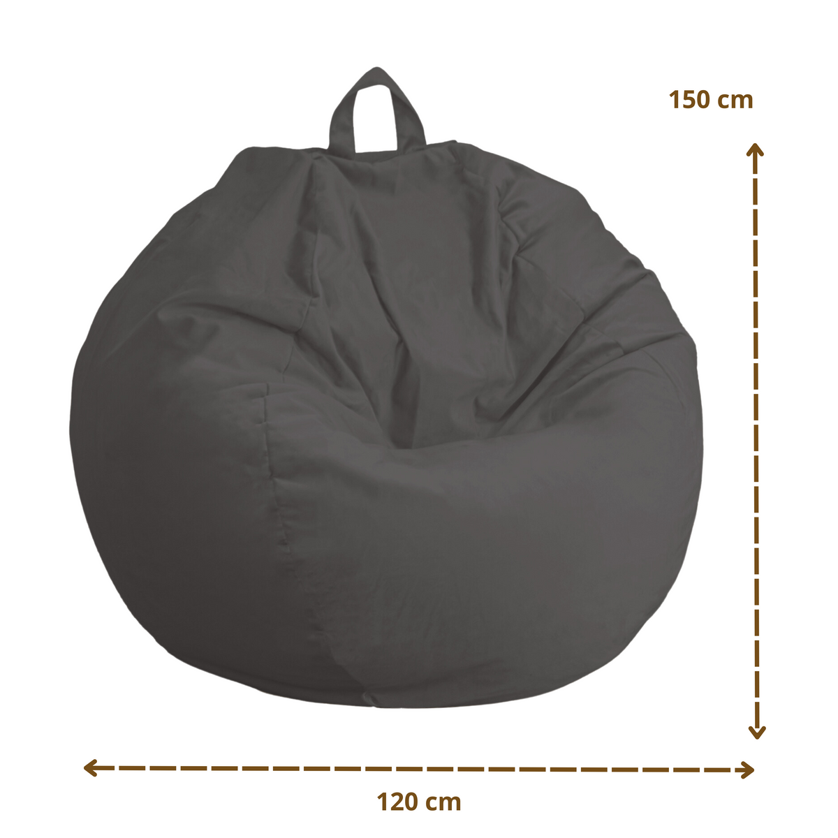 Puf Pera Gigante XXL 120x150 Gris Oscuro - Terciopelo y Espuma (Gran Lujo y Confort) – esquema con medidas