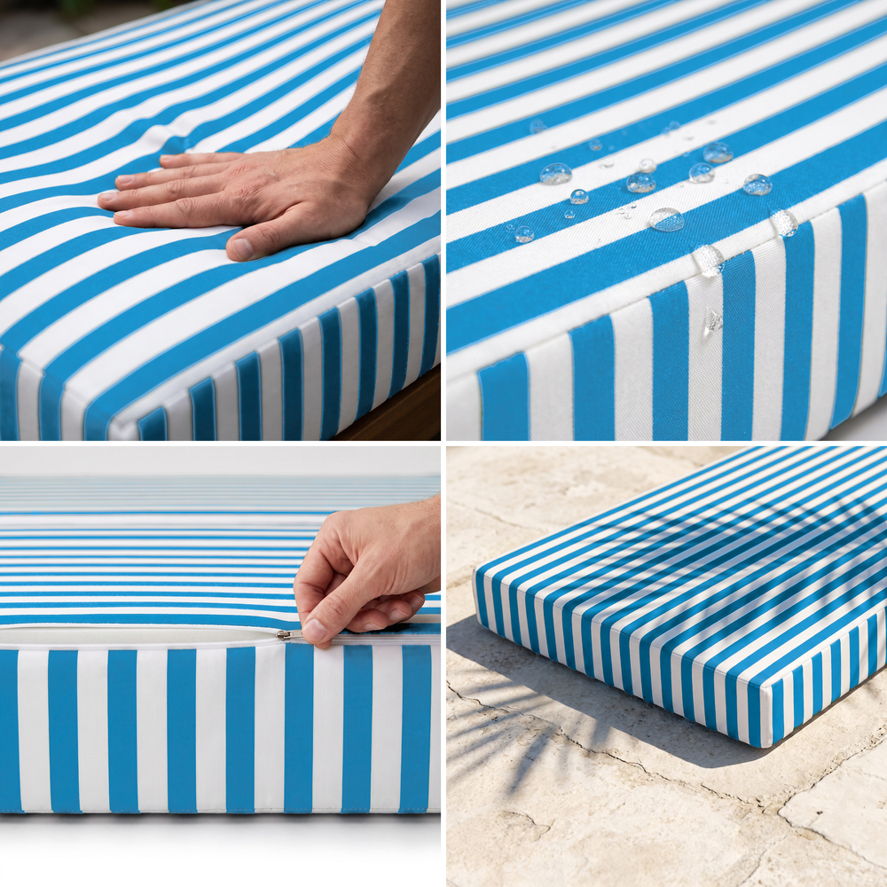 Colchoneta para tumbona, rayas turquesa: espuma de alta densidad mullida, tejido hidrófugo, funda desenfundable, resistente a los UV