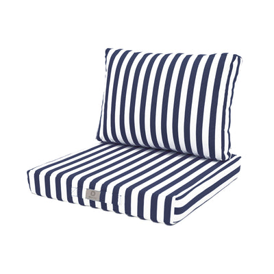 Ensemble de 2 coussins pour salon jardin 50x50 cm rayure bleu marine, assise et dossier, tissu premium 270g.