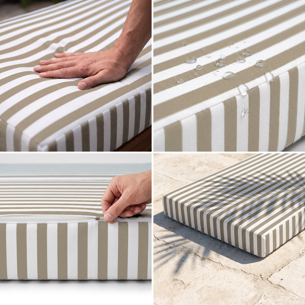 Colchoneta para tumbona, rayas beige: espuma de alta densidad mullida, tejido hidrófugo, funda desenfundable, resistente a los UV