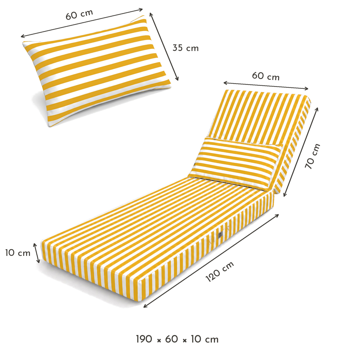 Colchoneta Premium para Tumbona 190x60 Rayas Amarillas - Grueso 10cm & Reposacabezas (Con Funda Extraíble) – esquema con medidas
