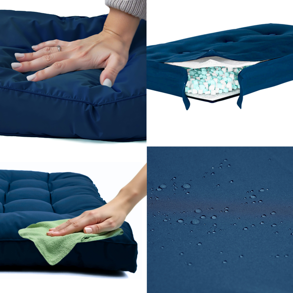 Ensemble de 2 coussins capitonnés bleu pétrole pour fauteuils et canapés, épais 15cm et moelleux, assise et dossier.