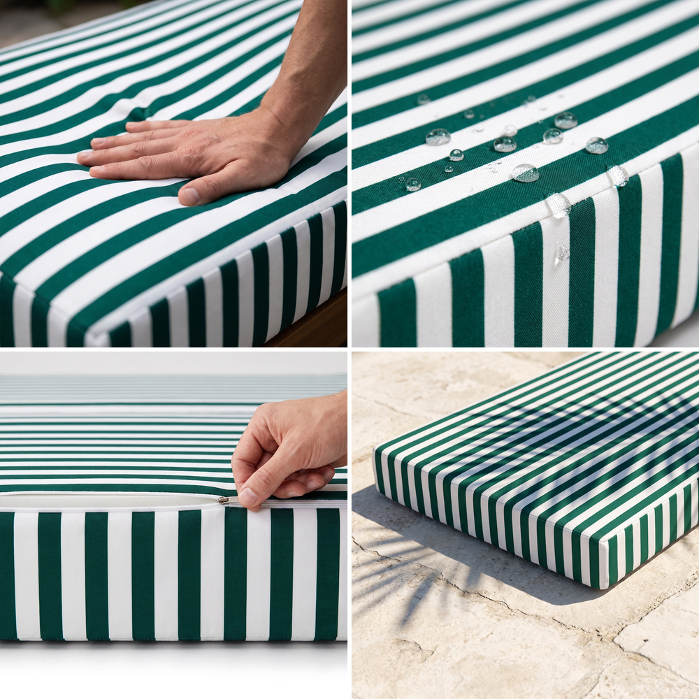 Colchoneta para tumbona, rayas verdes: espuma de alta densidad mullida, tejido hidrófugo, funda desenfundable, resistente a los UV