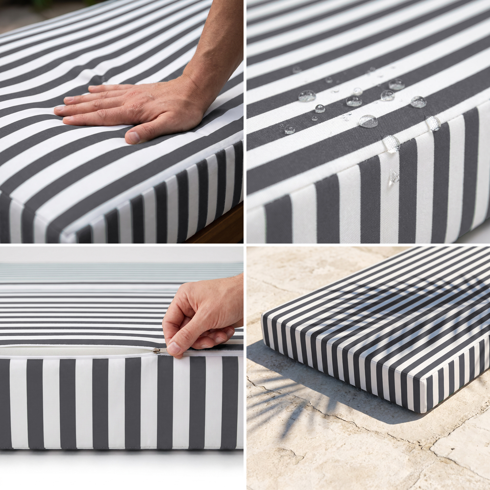 Colchoneta para tumbona, rayas gris oscuro: espuma de alta densidad mullida, tejido hidrófugo, funda desenfundable, resistente a los UV