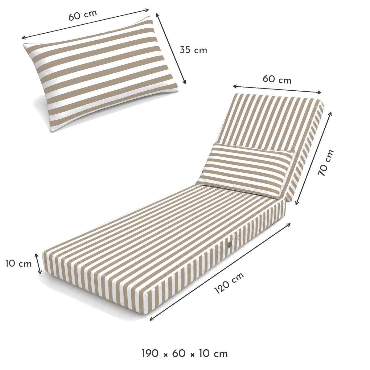 Colchoneta Premium para Tumbona 190x60 Rayas Beige - Grueso 10cm & Reposacabezas (Con Funda Extraíble) – esquema con medidas