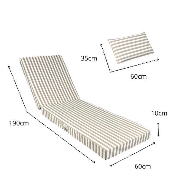 Matelas transat bain de soleil beige à rayures, épais 10cm avec têtière, déhoussable, deco-arts.fr