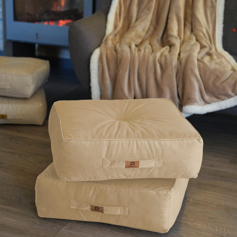 Lote de 2 Pufs de Terciopelo XL 54x54 Crema - Grueso 18cm (Gran Confort)