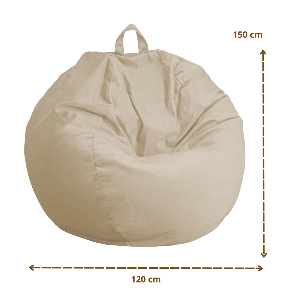 Puf Pera Gigante XXL 120x150 Crema - Terciopelo y Espuma (Gran Lujo y Confort) – esquema con medidas
