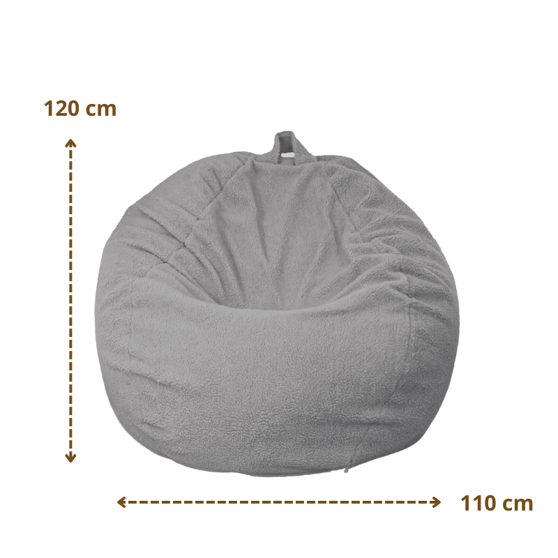 Pouf poire XL d'intérieur en tissu sherpa - 110x120 cm - Gris clair – esquema con medidas
