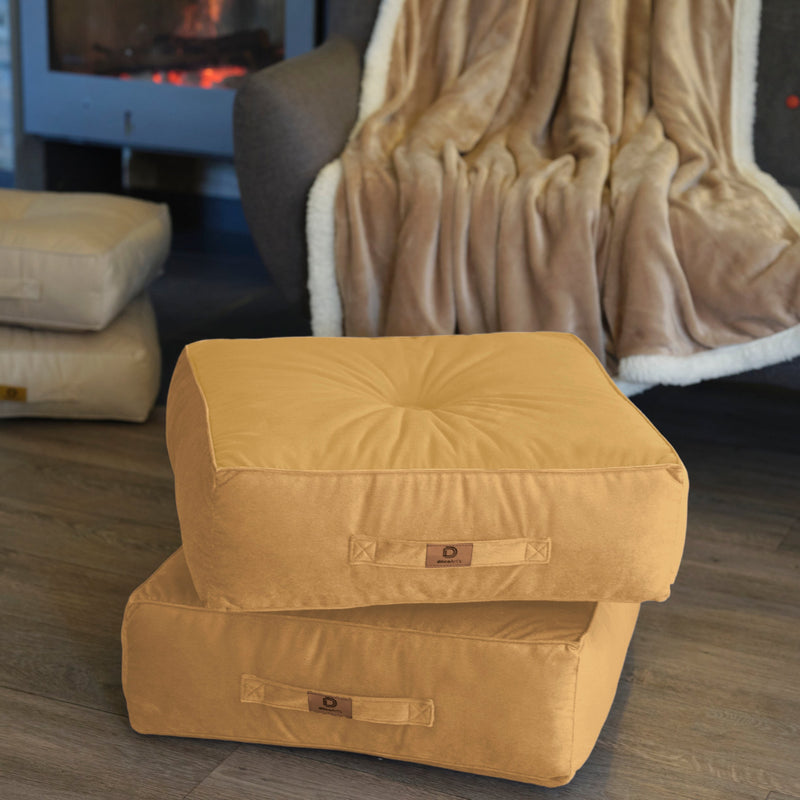 Lote de 2 Pufs de Terciopelo XL 54x54 Beige - Grueso 18cm (Gran Confort)