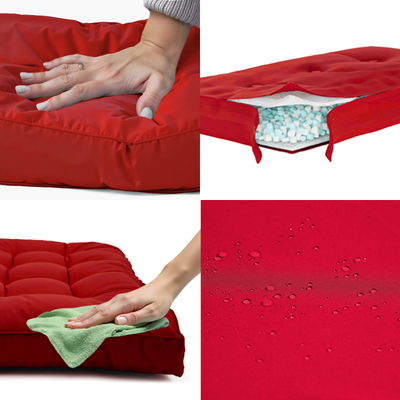 Ensemble de coussins capitonnés rouges 50x50 cm, épais et moelleux pour fauteuils et canapés, avec assise et dossier.