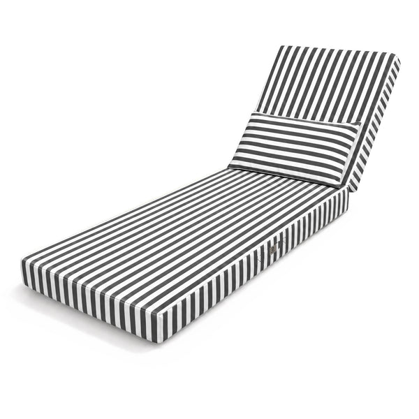 Colchoneta Premium para Tumbona 190x60 Rayas Gris Oscuro - Grueso 10cm & Reposacabezas (Con Funda Extraíble)