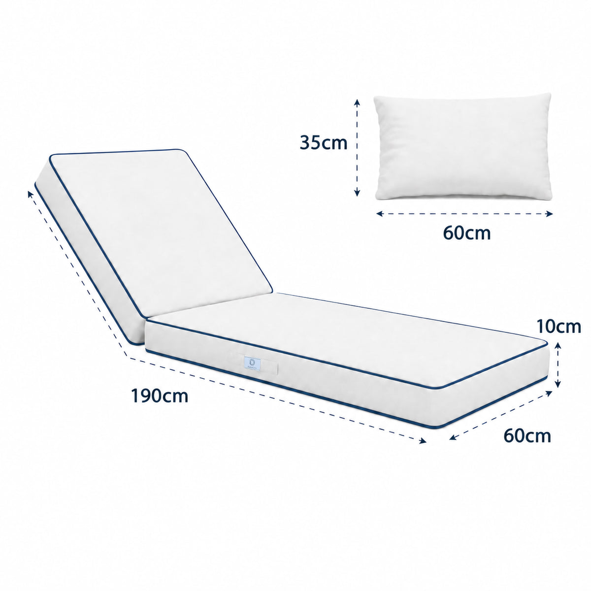 Colchoneta Premium para Tumbona 190x60 Blanco - Grueso 10cm & Reposacabezas (Funda Extraíble) – esquema con medidas