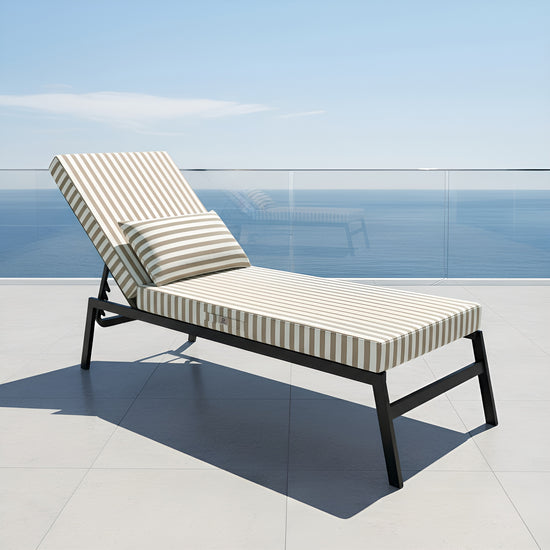 Beige striped premium 190x60 cm sun lounger mat with 10cm thick padding and detachable headrest, ideal for outdoor relaxation.