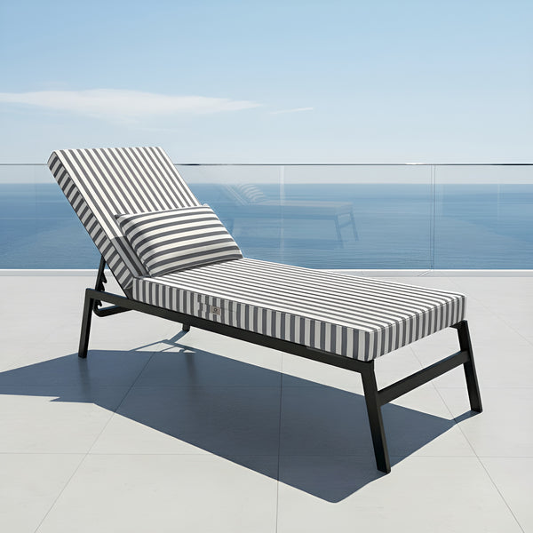 Matelas transat premium 190x60 cm, rayures gris foncé, épais 10 cm avec têtière, déhoussable pour bains de soleil.