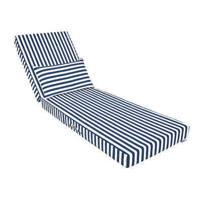 Matelas transat premium 190x60 cm en rayures bleu marine, épais 10 cm avec têtière, pour bains de soleil, déhoussable.