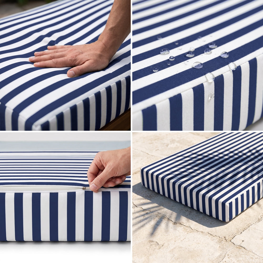 Colchoneta para tumbona, rayas azul marino: espuma de alta densidad mullida, tejido hidrófugo, funda desenfundable, resistente a los UV